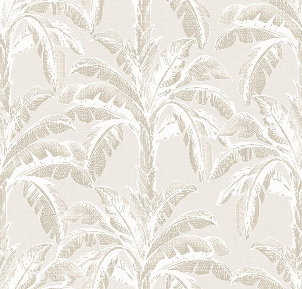 Cream and beige fabric wallpaper with a detailed banana leaf pattern, ideal for interior wall decoration.