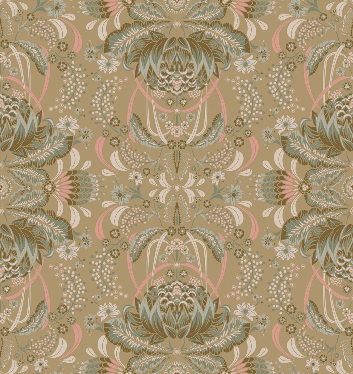 beige vintage floral wallpaper with symmetrical ornate pattern in muted green and soft pink