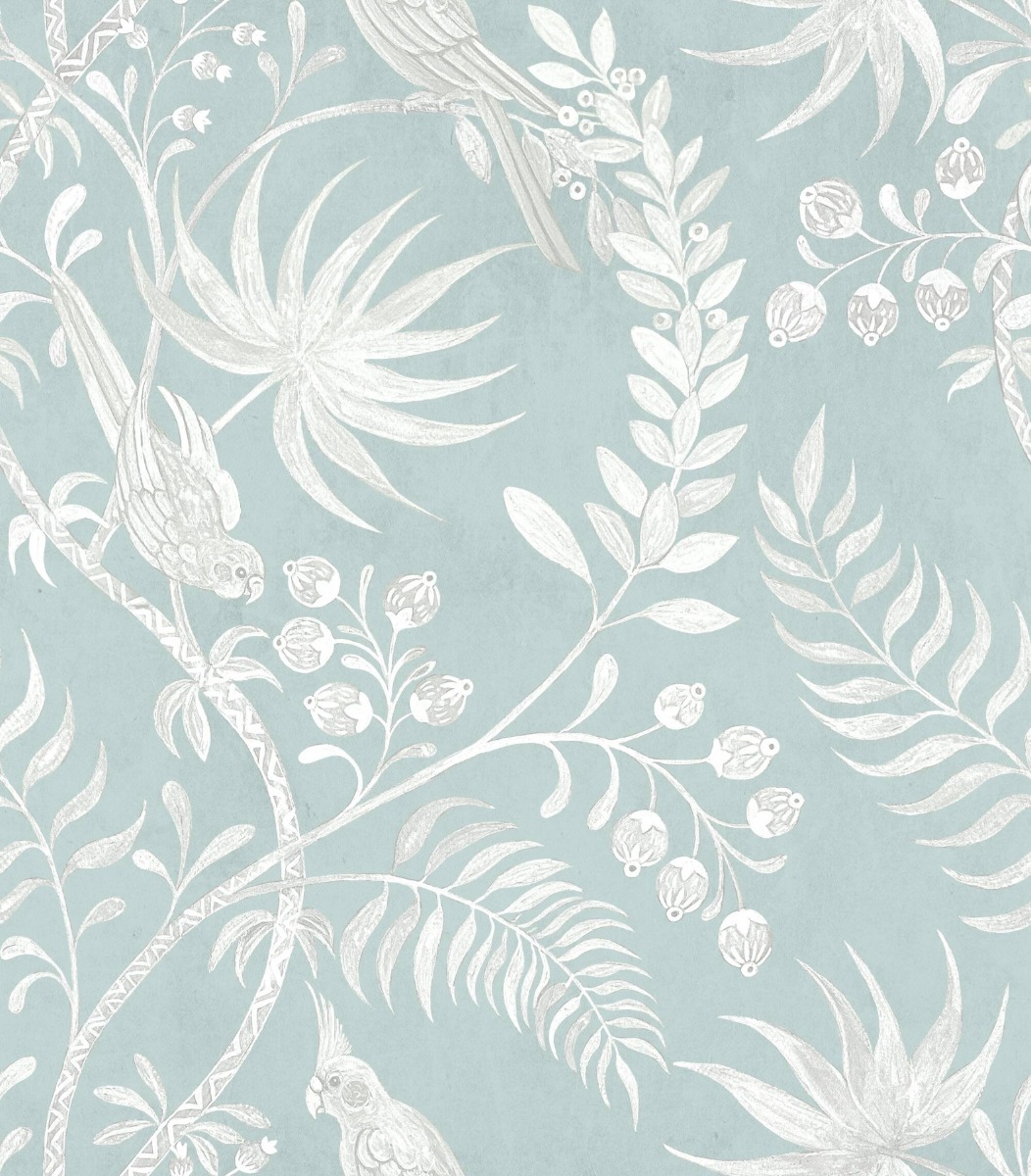 Light blue wallpaper with white botanical and bird illustrations, organic pattern, suitable for decorative wall use.