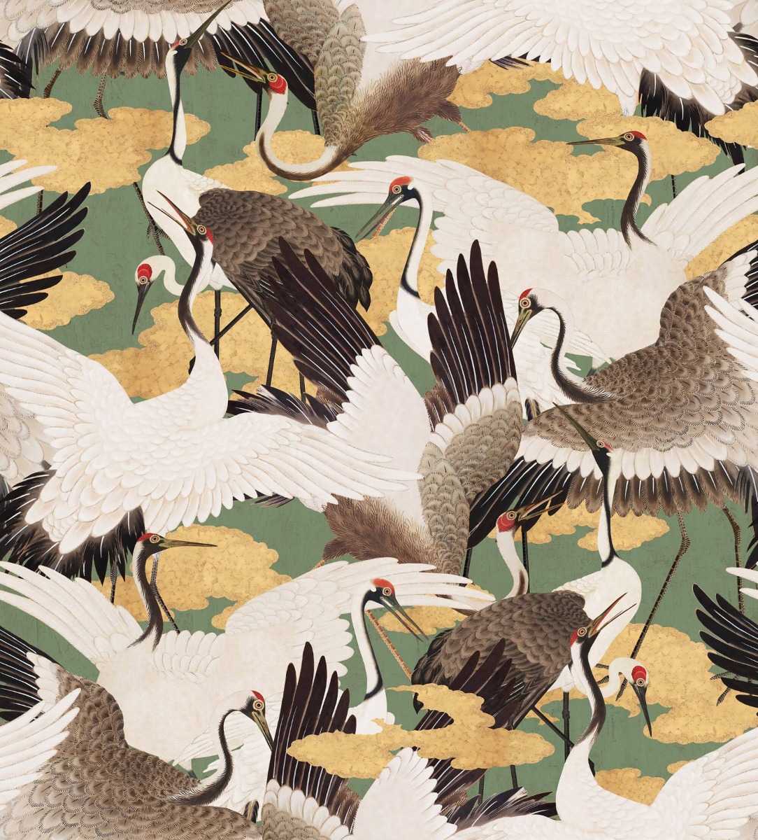 Decorative wallpaper with cranes in white, brown, and black, gold clouds on a green background, suitable for interior walls.