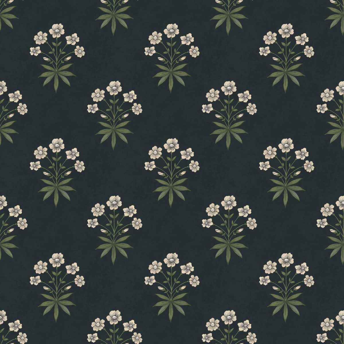 Dark wallpaper with white geranium flowers and green leaves pattern, suitable for wall decoration.