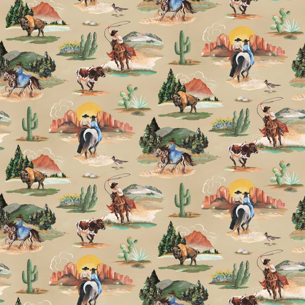 beige wallpaper with repeating painted scenes of cowboys, horses, bison, cacti, and desert landscapes