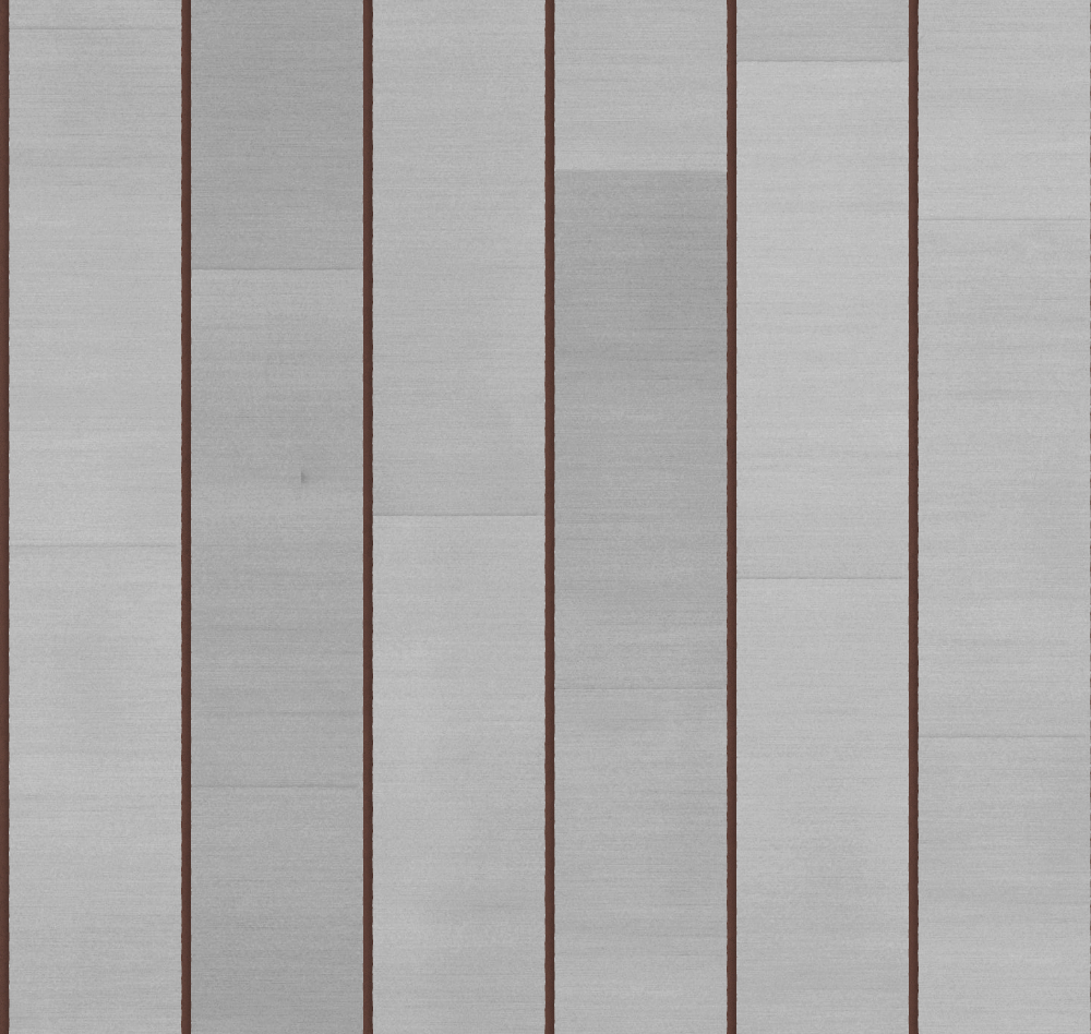 Light grey aluminium panels arranged vertically in a staggered pattern with thin dark gaps, smooth matte metallic surface for
