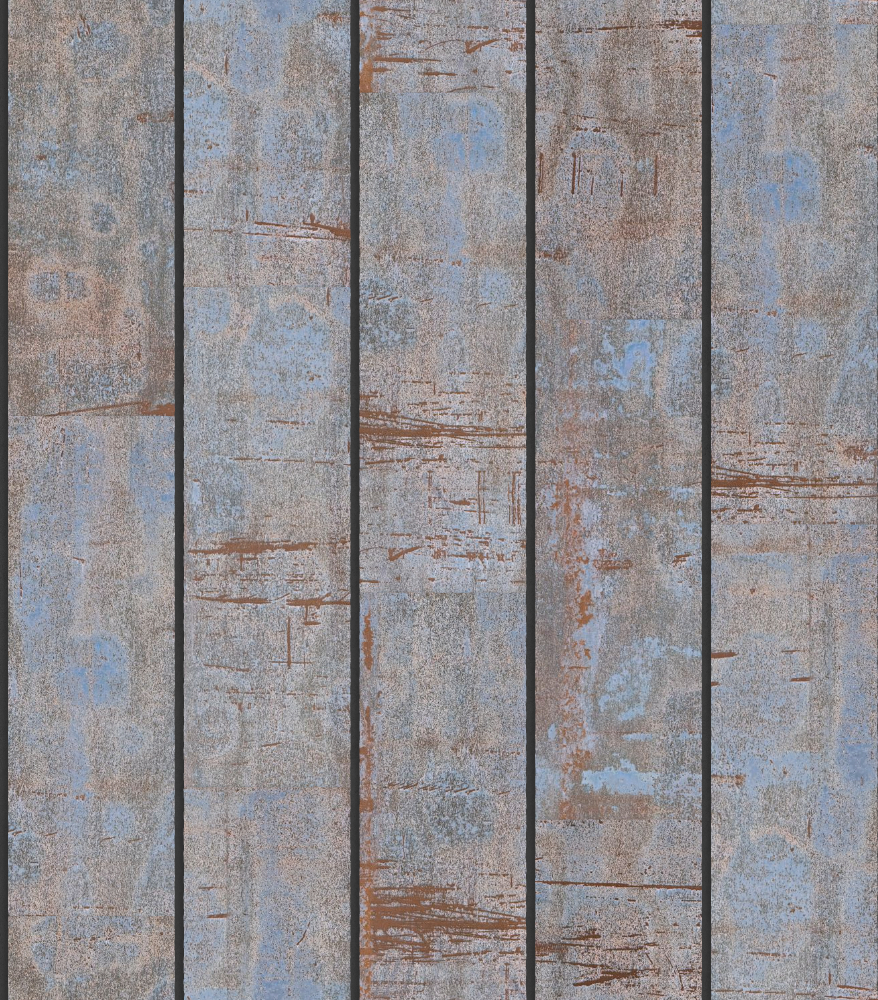 weathered corten steel panels with rusty blue-gray patina in staggered vertical arrangement