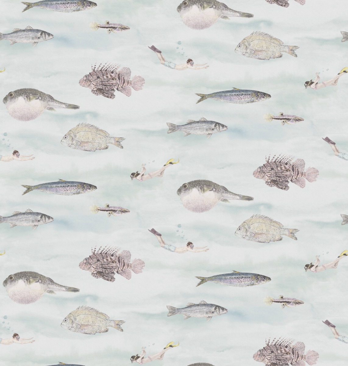 Wallpaper with blue and green fish and swimmers repeating pattern on light background