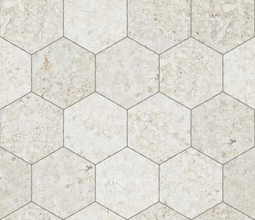 Beige hexagonal limestone tiles with natural stone texture in a seamless geometric pattern for wall use