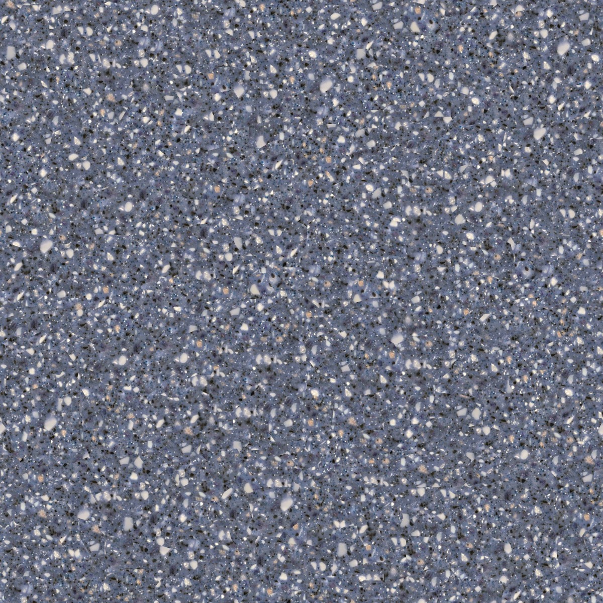 polished aquamarine blue terrazzo stone surface with white, black, and beige chips in a dense speckled pattern