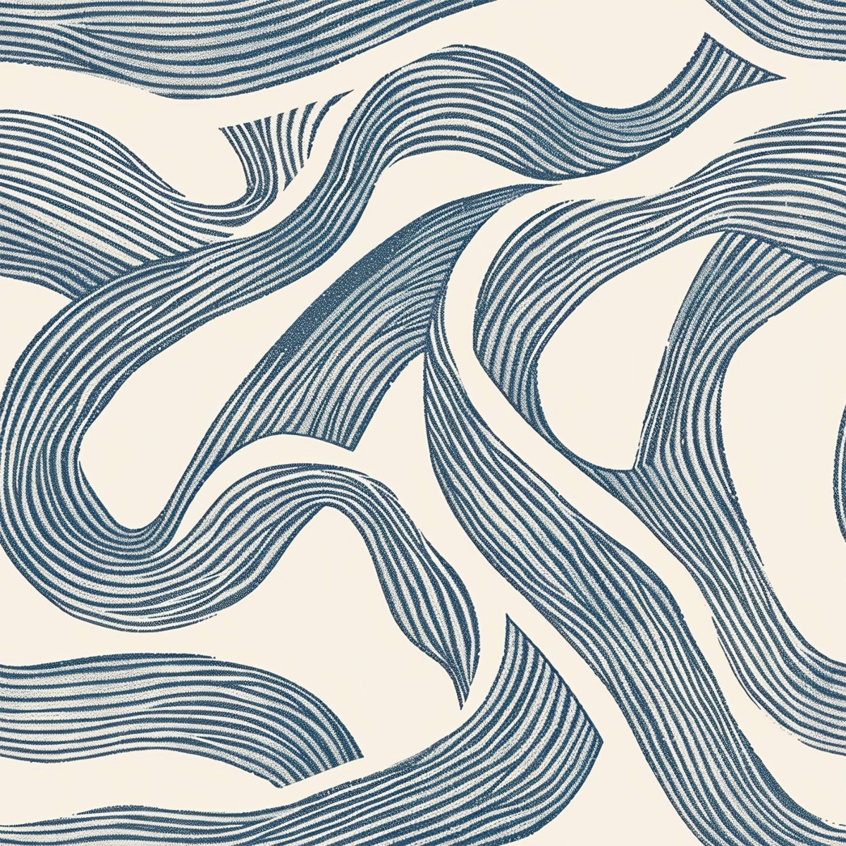 fabric with coastal blue swirling lines on cream background in an organic flowing pattern