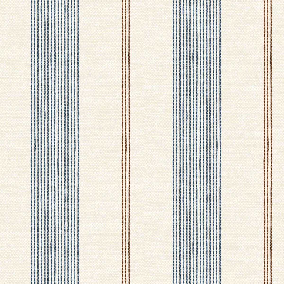 Cream fabric with vertical blue and brown stripes in a woven upholstery textile pattern
