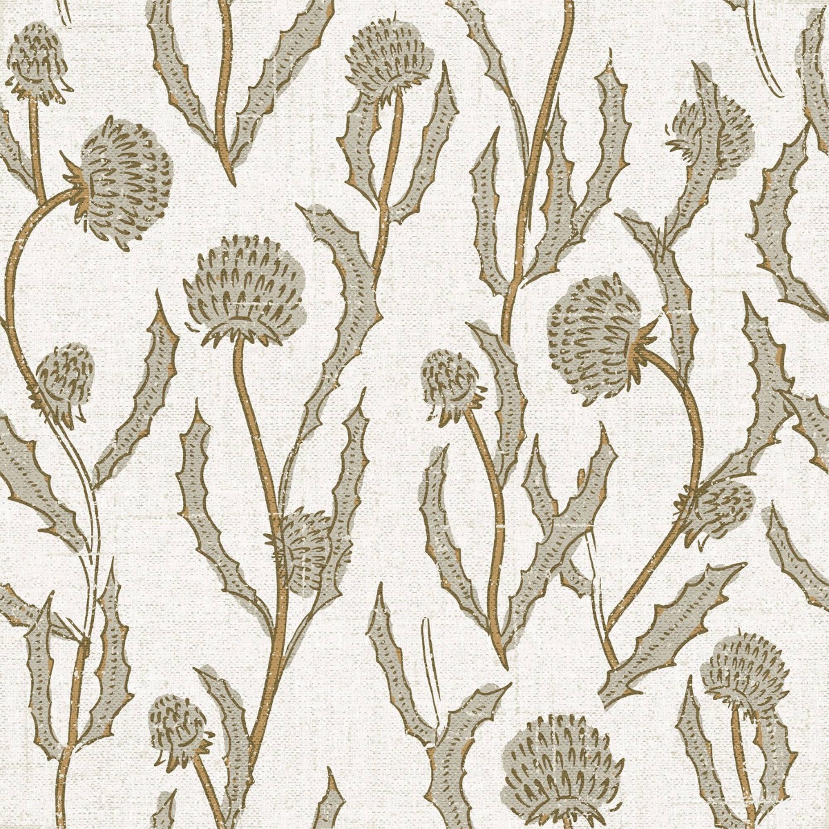 Fabric with a detailed thistle and leaf pattern in beige, brown, and grey tones, suitable for upholstery or curtains.