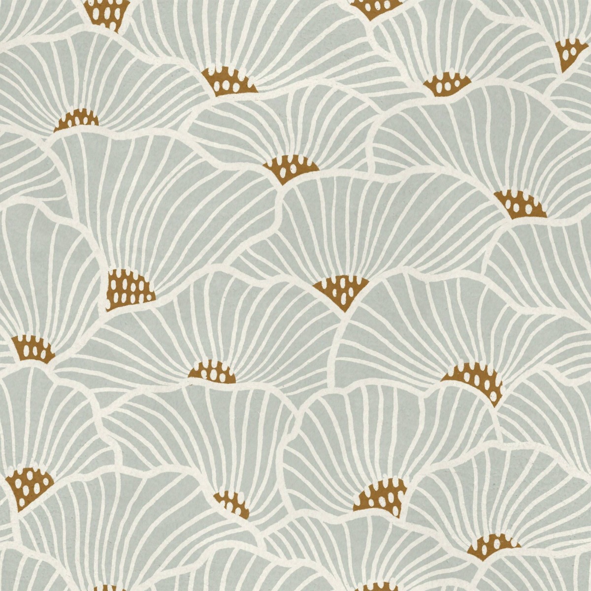 patterned fabric with blue stylized floral shapes and beige accents in a repeating organic design