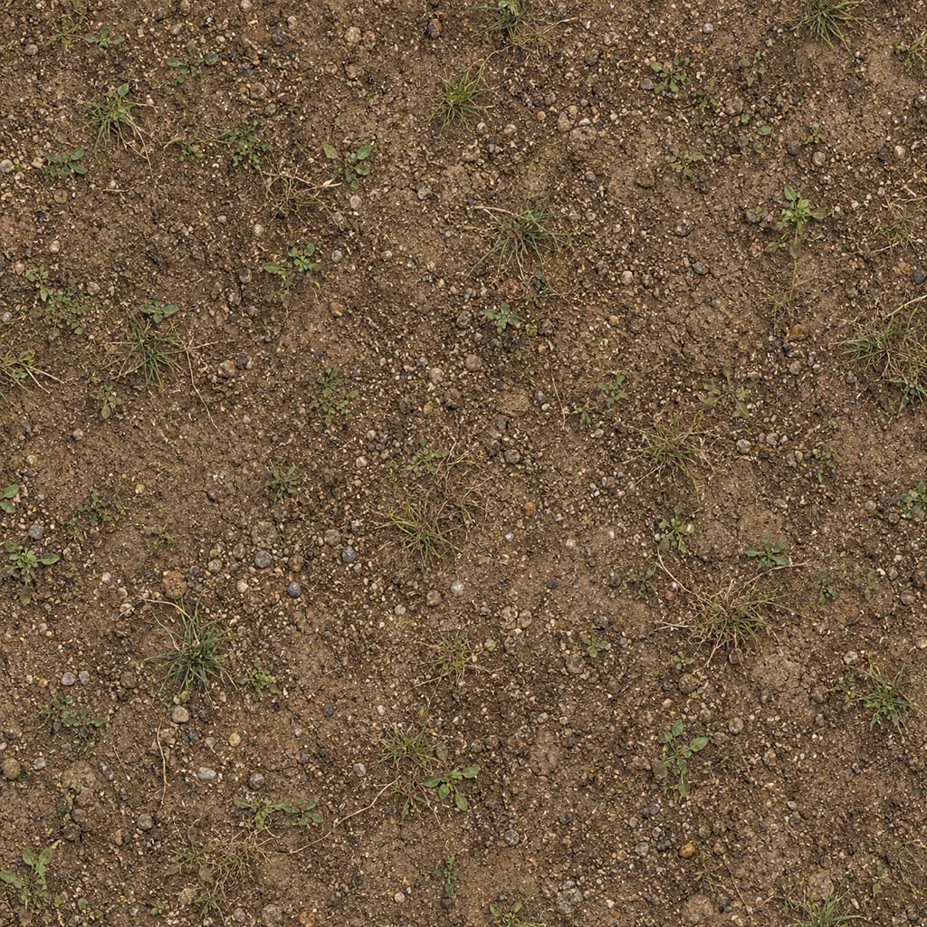brown soil ground with small stones and sparse green grass patches in an organic natural pattern