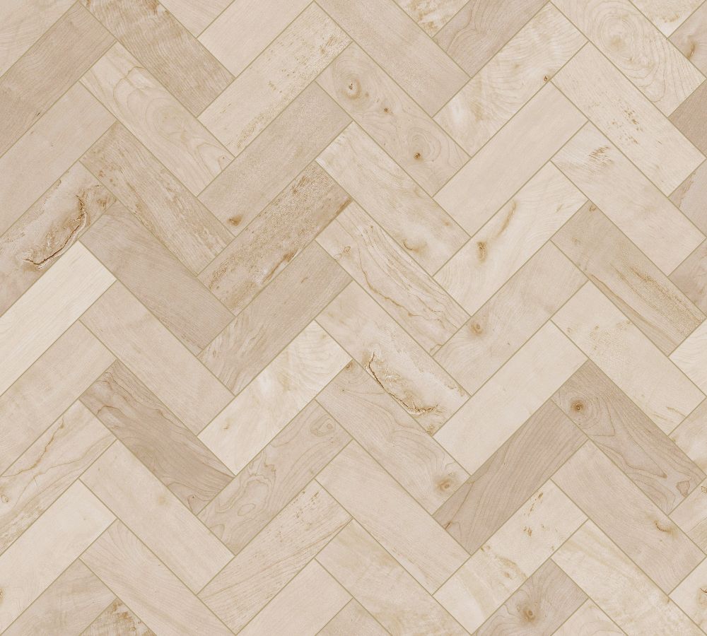 Light-colored sycamore wood arranged in a herringbone pattern, suitable for flooring with a smooth finish.