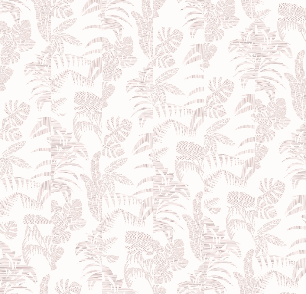 Pink and white wallpaper with a floral and leaf pattern, suitable for interior walls, creating a soft and elegant look.