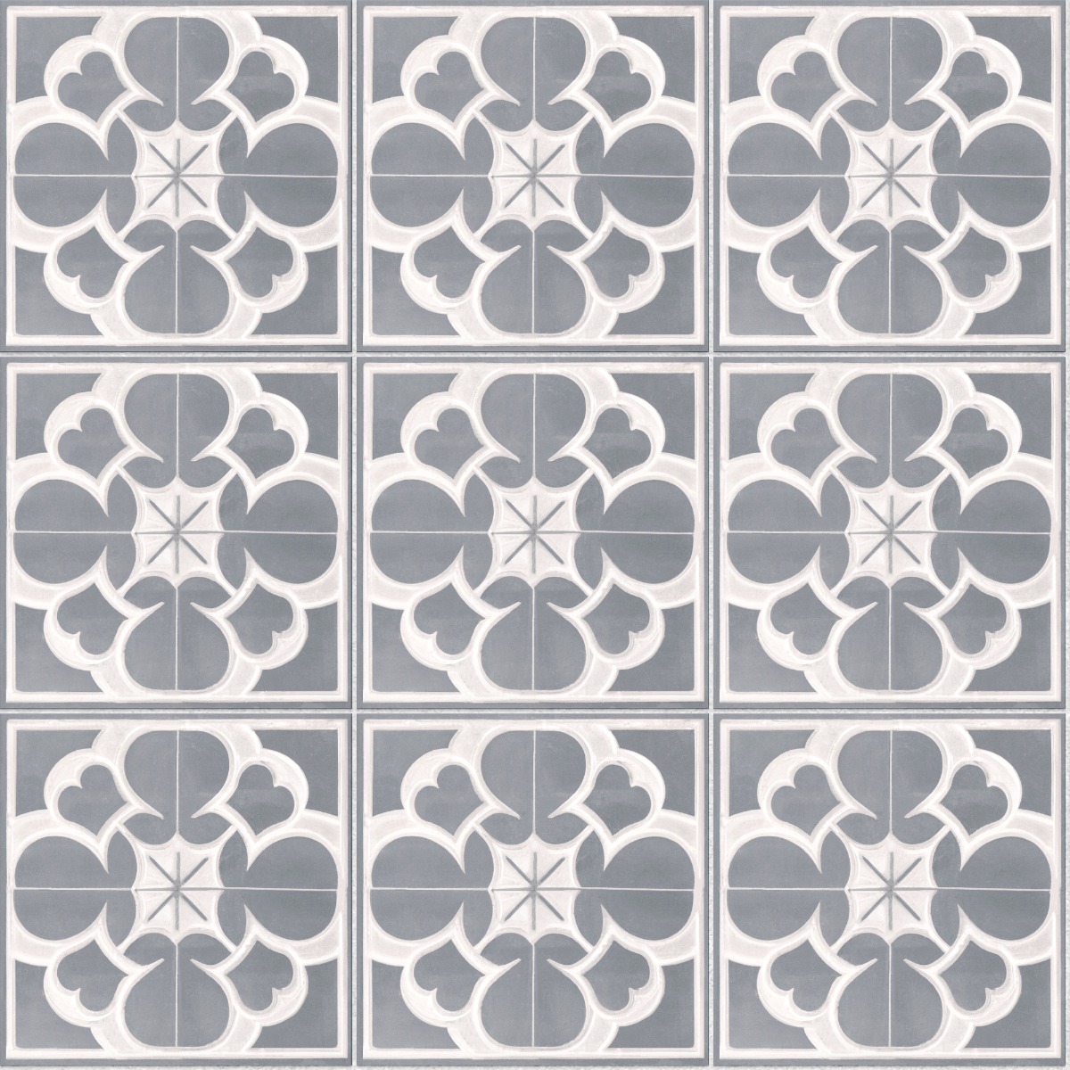 Seamless pattern of grey and white Victorian-style ceramic tiles with floral geometric design for wall use
