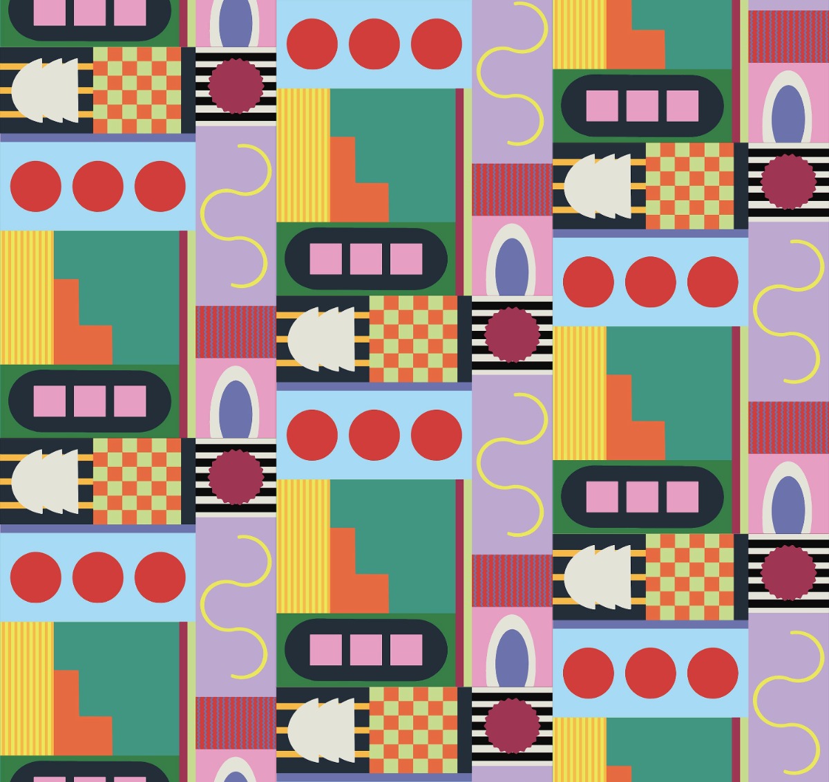 colorful wallpaper with geometric shapes including circles, stripes, and checkerboard in red, green, purple, yellow, and blue