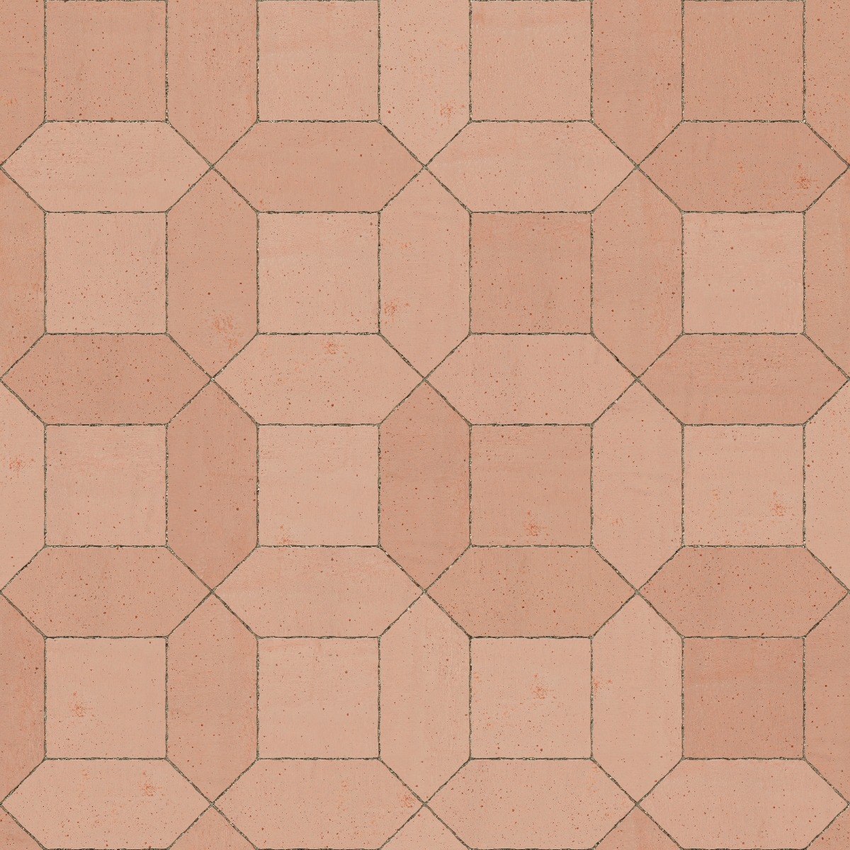 terracotta floor tiles in a geometric picket and square pattern with reddish tones and grout lines