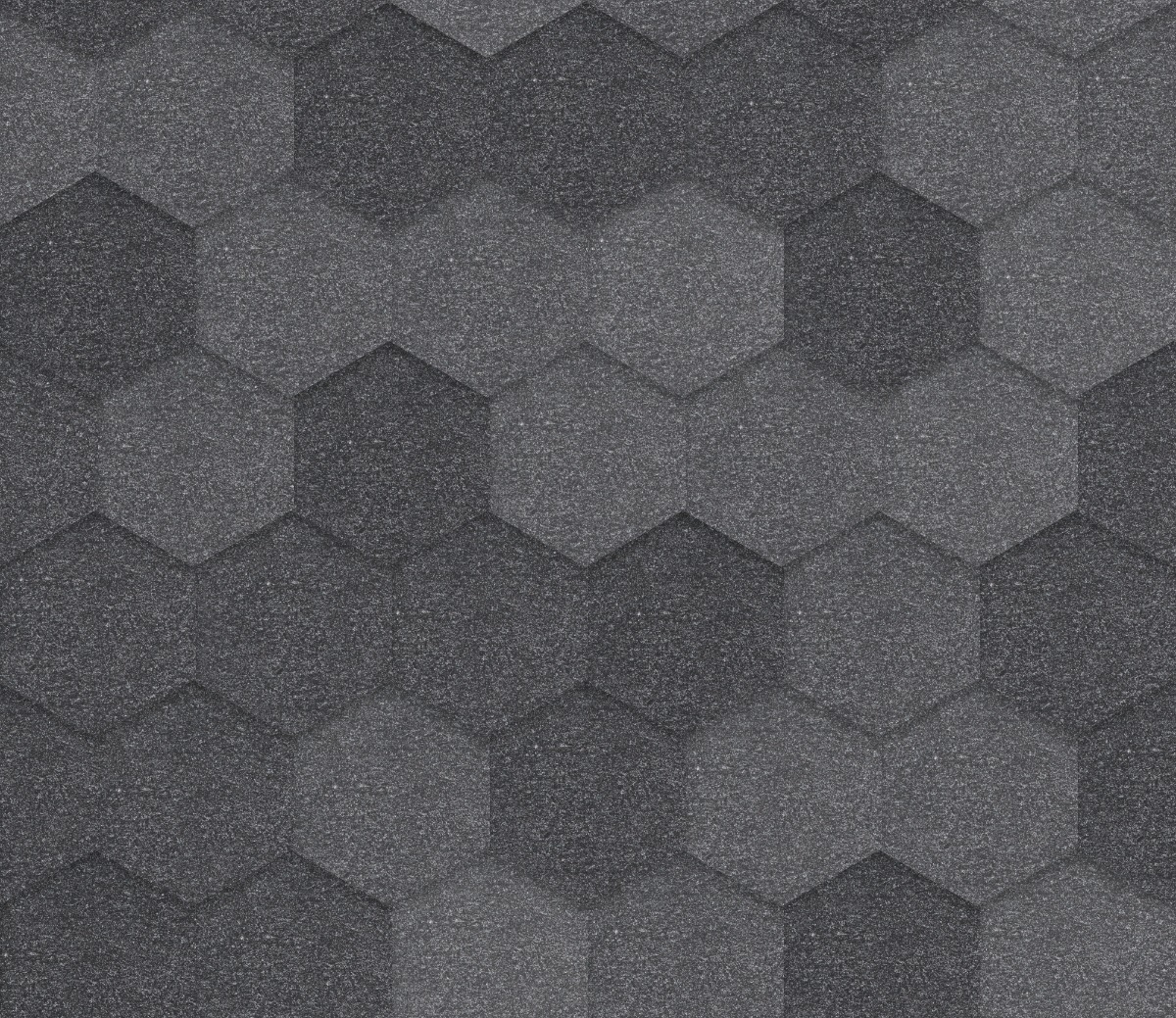 Dark grey hexagonal bitumen roof tiles with granular texture arranged in a seamless geometric pattern