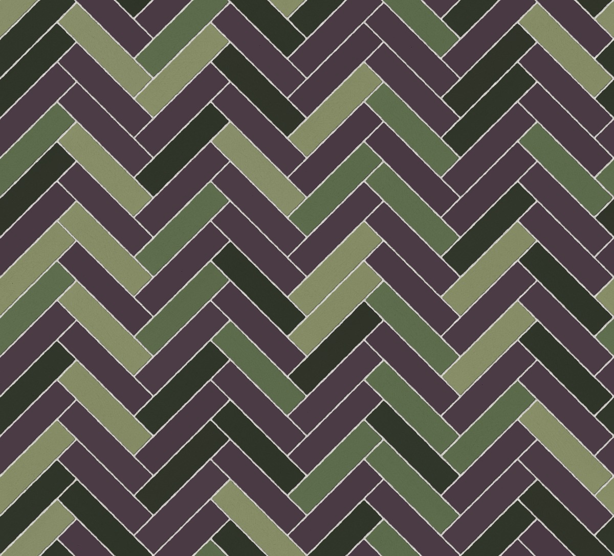 matte ceramic tiles in green and purple shades arranged in a herringbone pattern with visible crazing texture