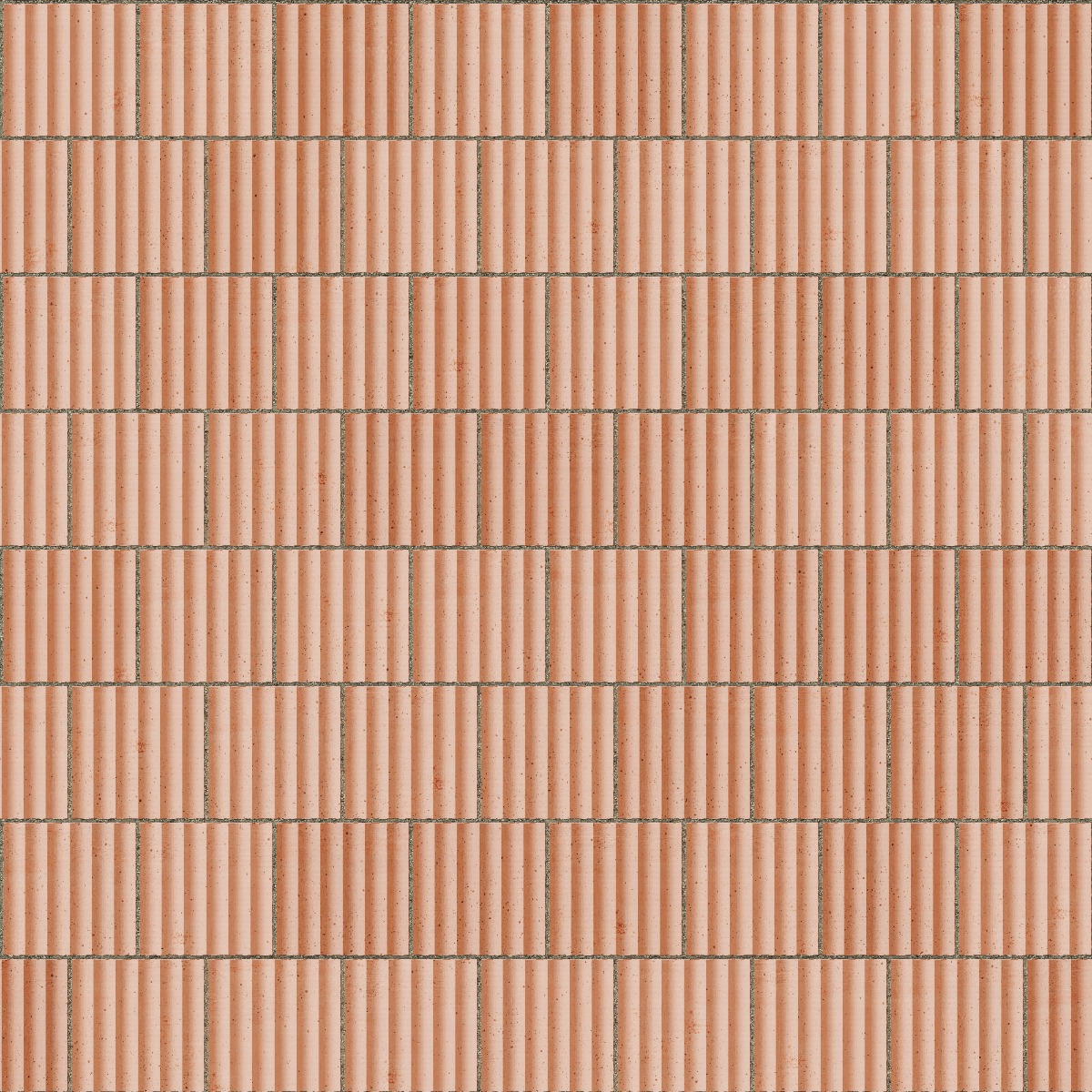 Seamless pattern of terracotta-colored clay bricks with vertical ridges, arranged in a stretcher bond pattern, suitable for w