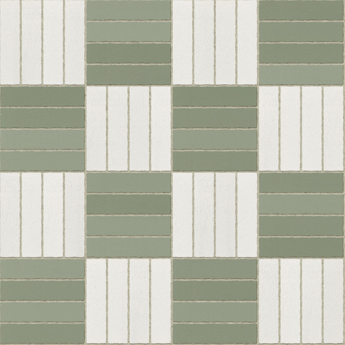 ceramic basketweave tile pattern with white and muted green rectangular tiles showing crazing crackle texture