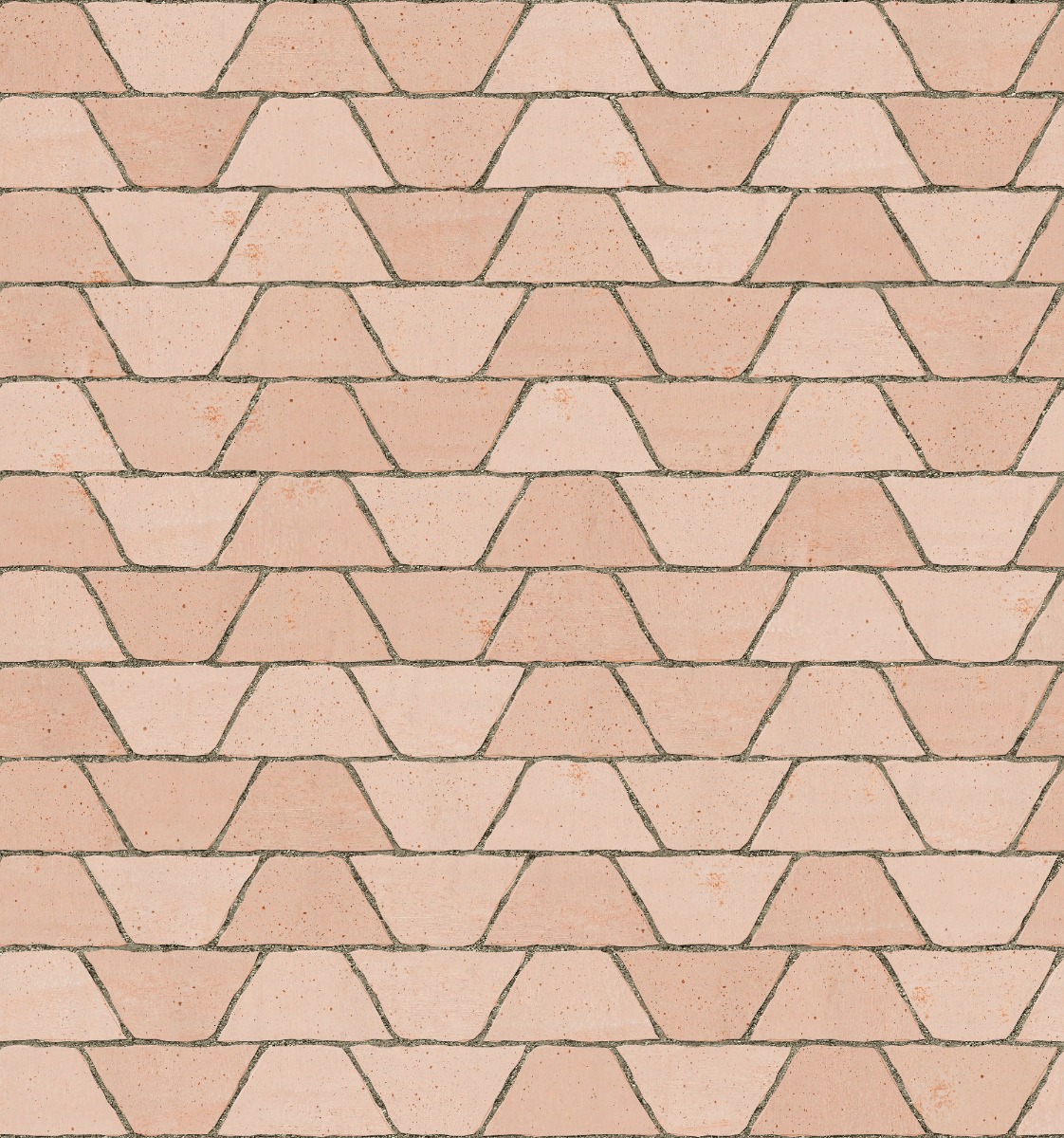 terracotta trapeze-shaped bricks in soft pink arranged in staggered horizontal brick wall with mortar joints