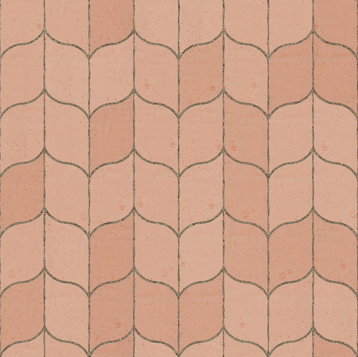 terracotta tiles with a repeating leaf-shaped pattern and visible grout lines in warm orange tones