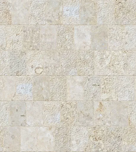 beige limestone tiles with rough and smooth surfaces arranged in a staggered pattern for wall use