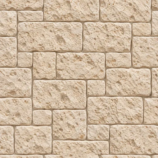 beige natural stone blocks with rough pitted texture arranged in irregular rectangular pattern for walls