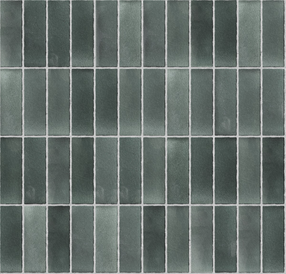 glossy green glazed rectangular bricks with crackle texture in stacked bond pattern with grey mortar