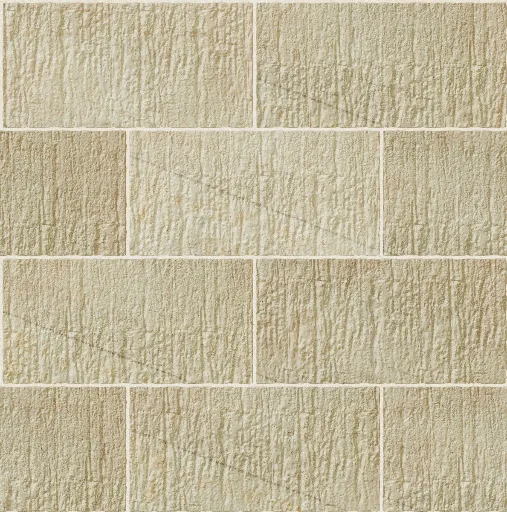 buff sandstone bricks in stretcher bond pattern with rough textured surface in beige and earth tones for wall facing