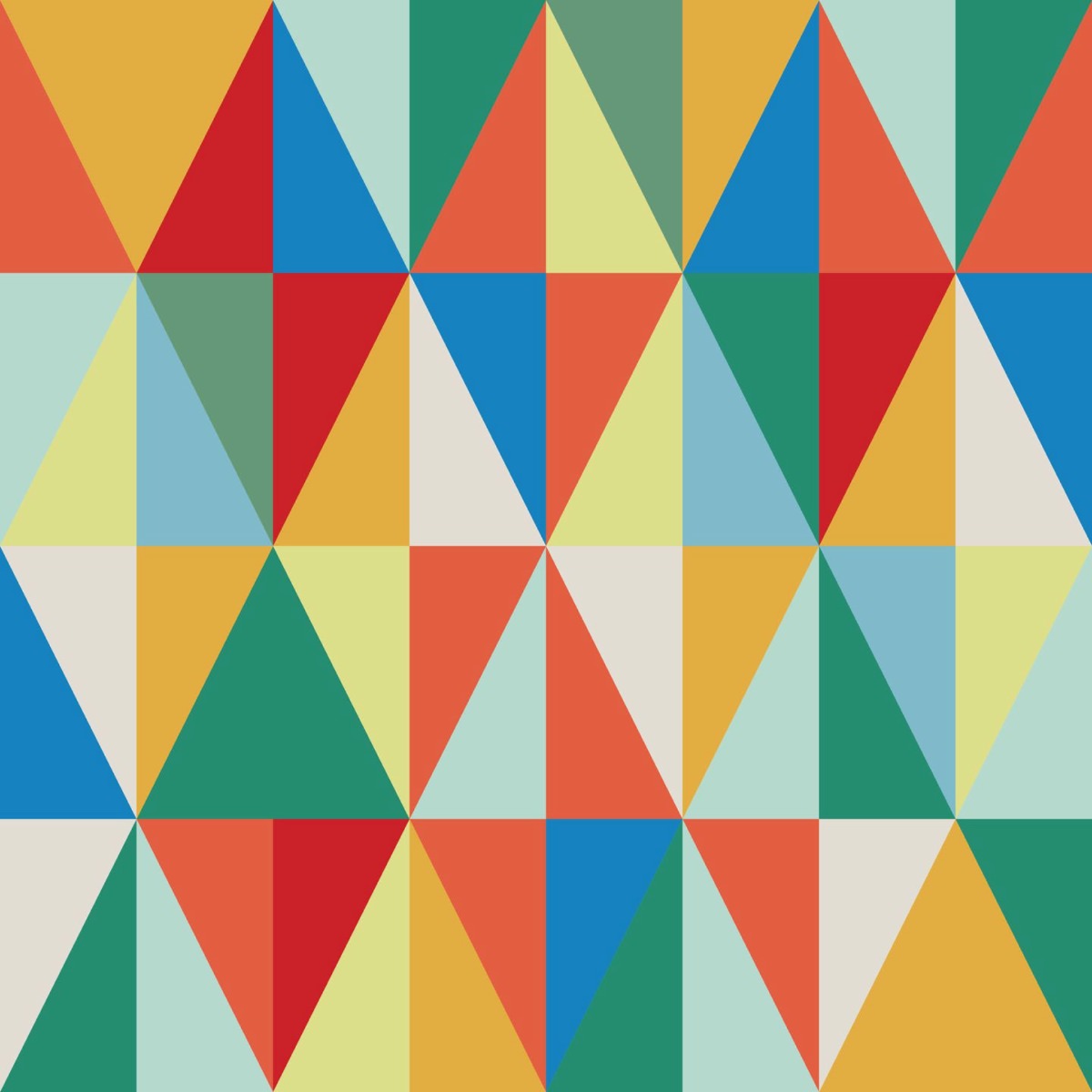flat vintage geometric pattern with multicolor triangles in red, blue, green, yellow, and beige for wallpaper or fabric