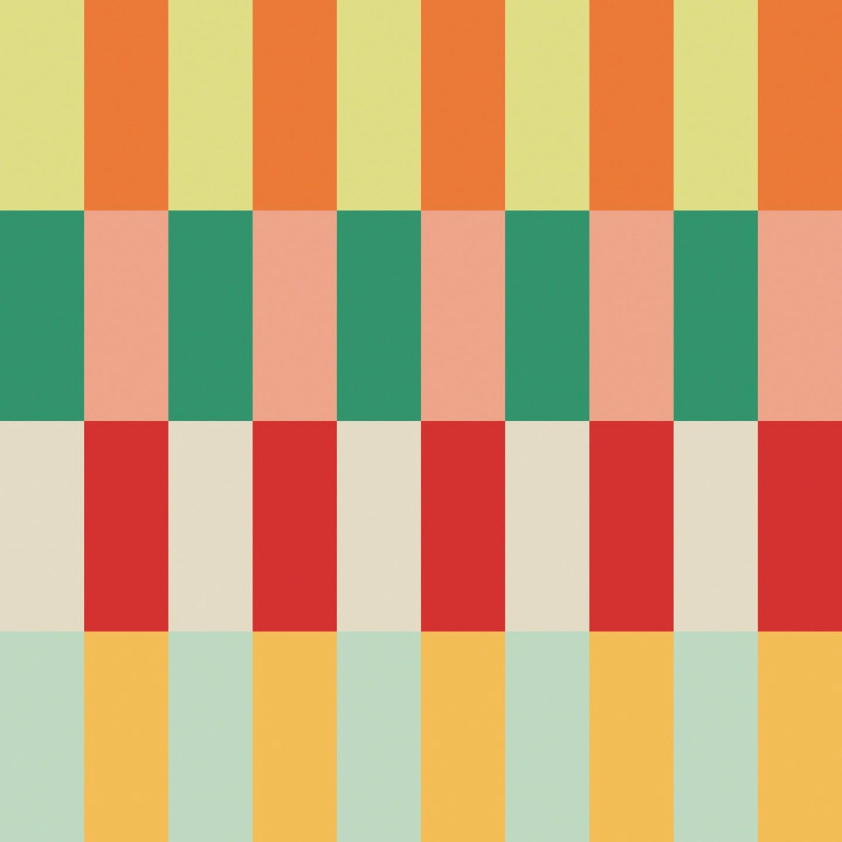 matte wallpaper with bold vertical and horizontal stripes in orange, green, red, yellow, and beige colors