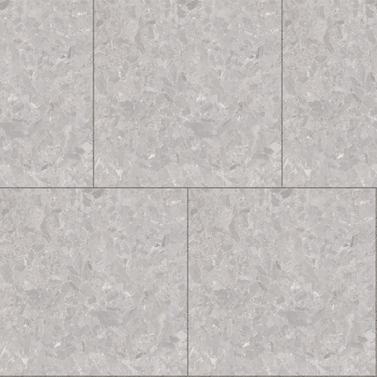 grey terrazzo floor tiles with speckled stone chips arranged in staggered rectangular layout