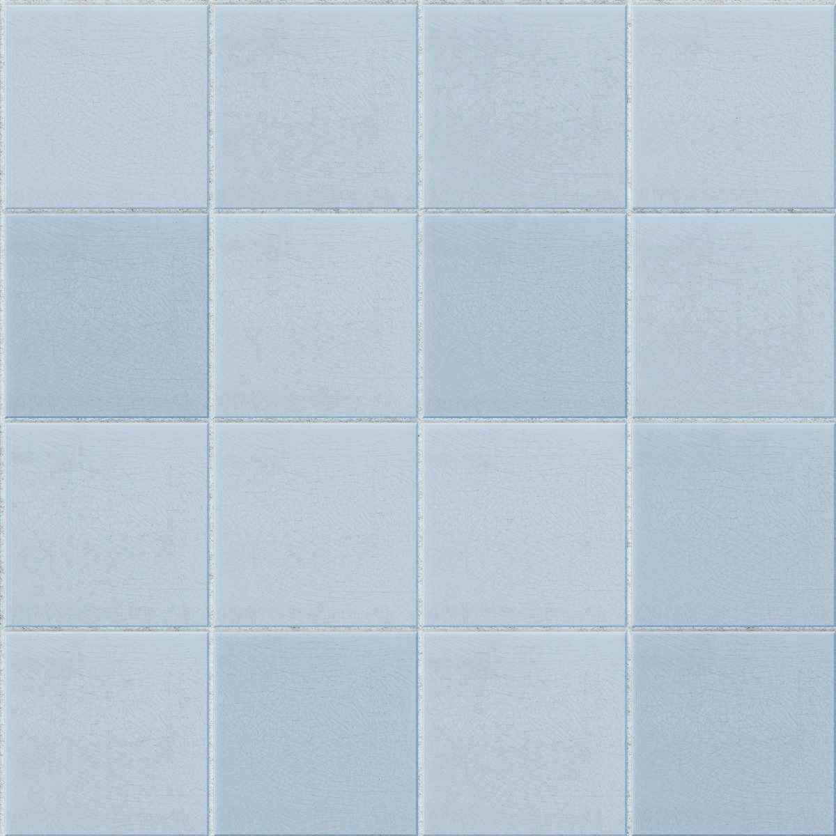 Light blue square ceramic tiles with visible crazing cracks and grout lines in a grid pattern for wall use