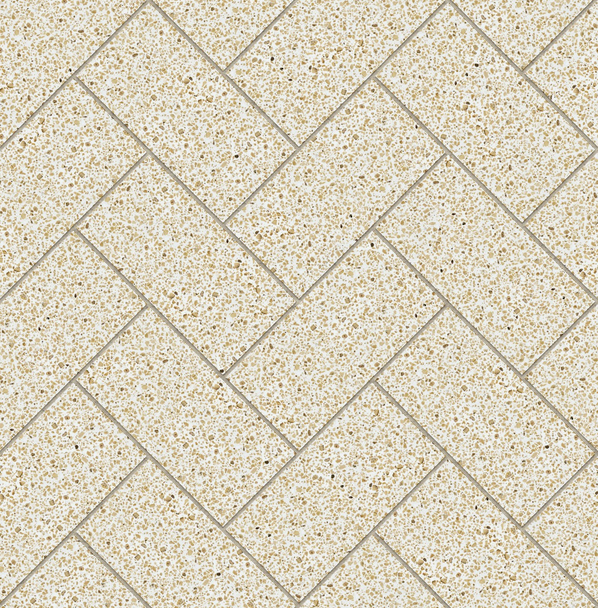 white precast concrete tiles with beige aggregate in a herringbone pattern for flooring