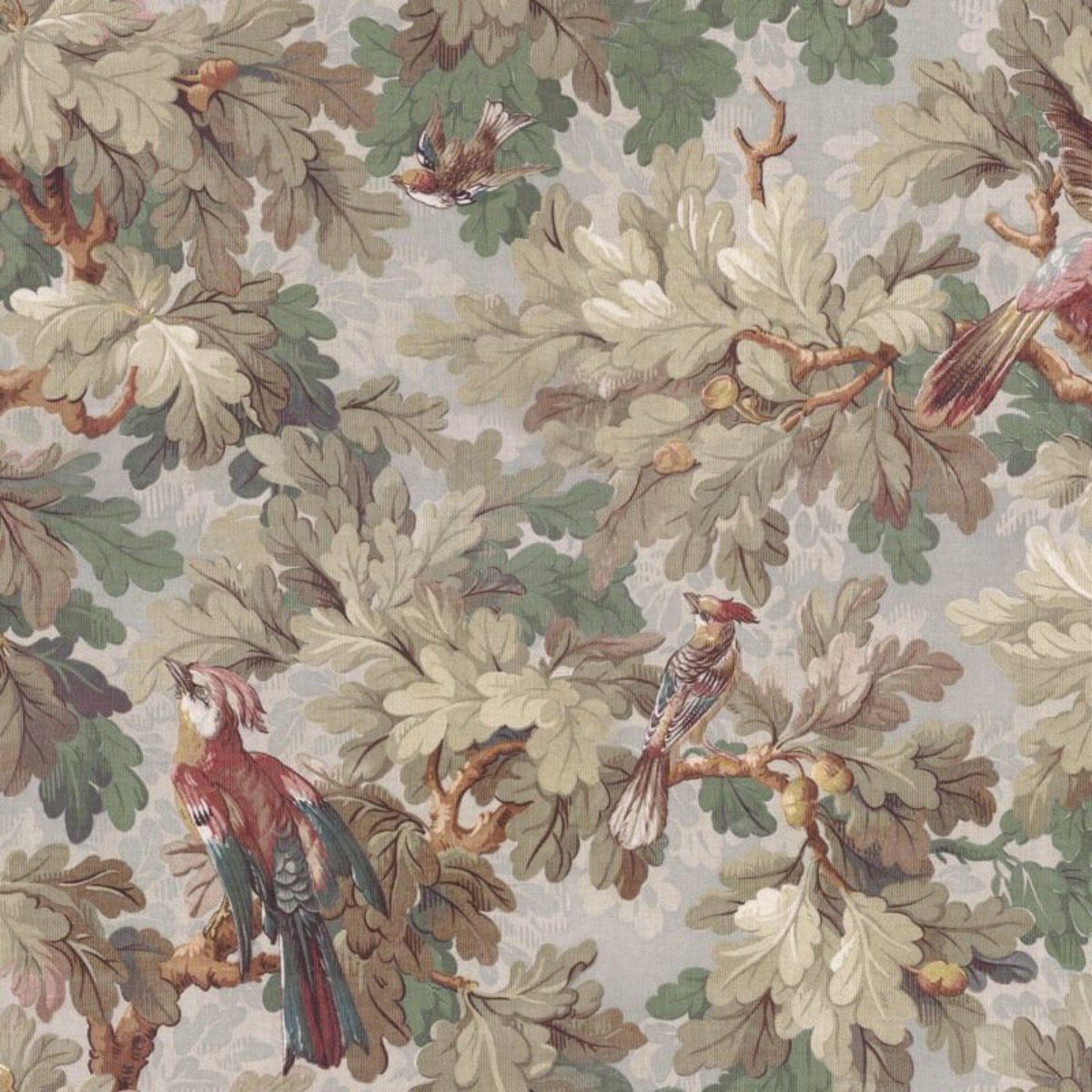 Fabric with sage green background featuring detailed botanical and bird pattern, ideal for upholstery or curtains.