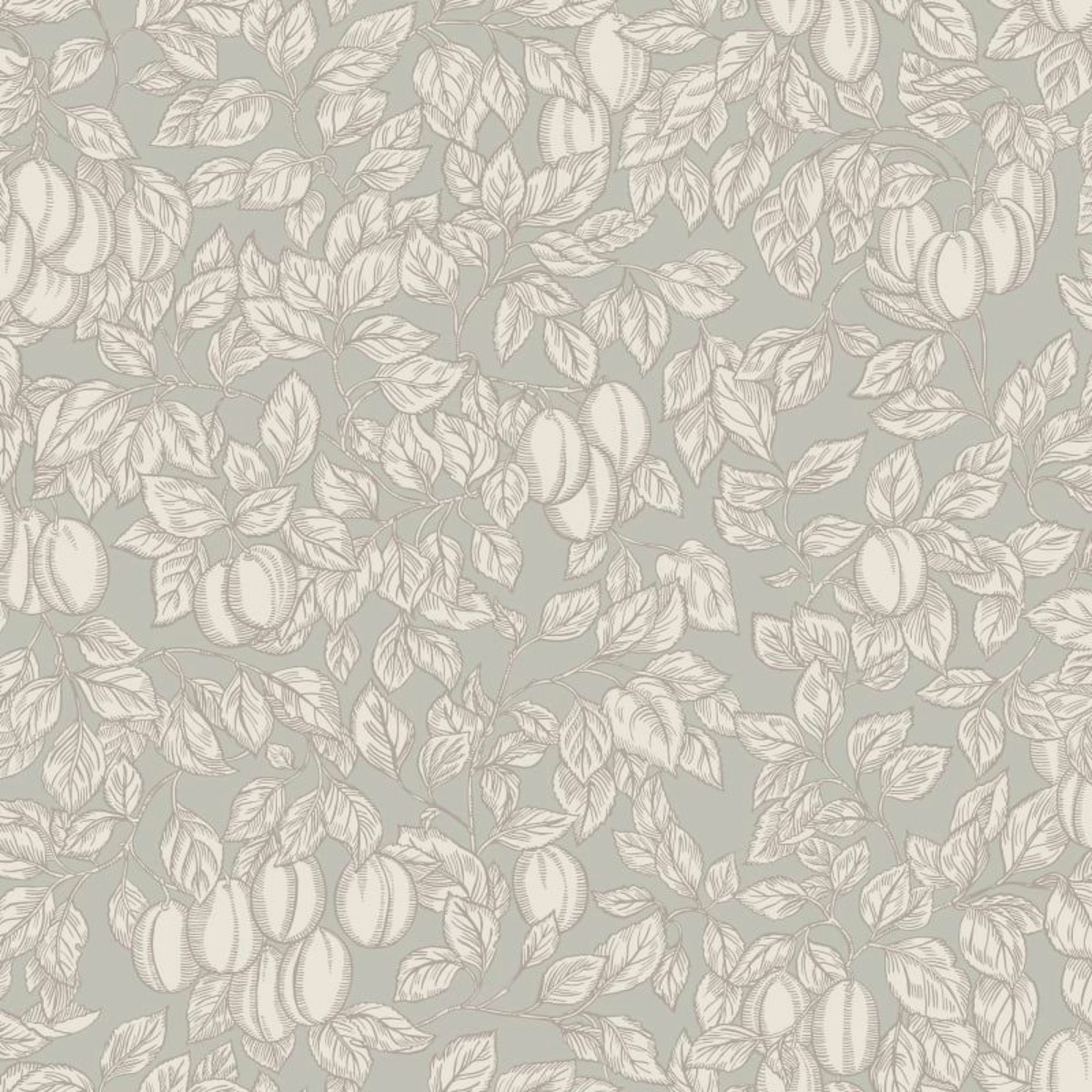 Seamless wallpaper with a detailed botanical pattern of leaves and pumpkins in sage green and beige, ideal for interior wall 