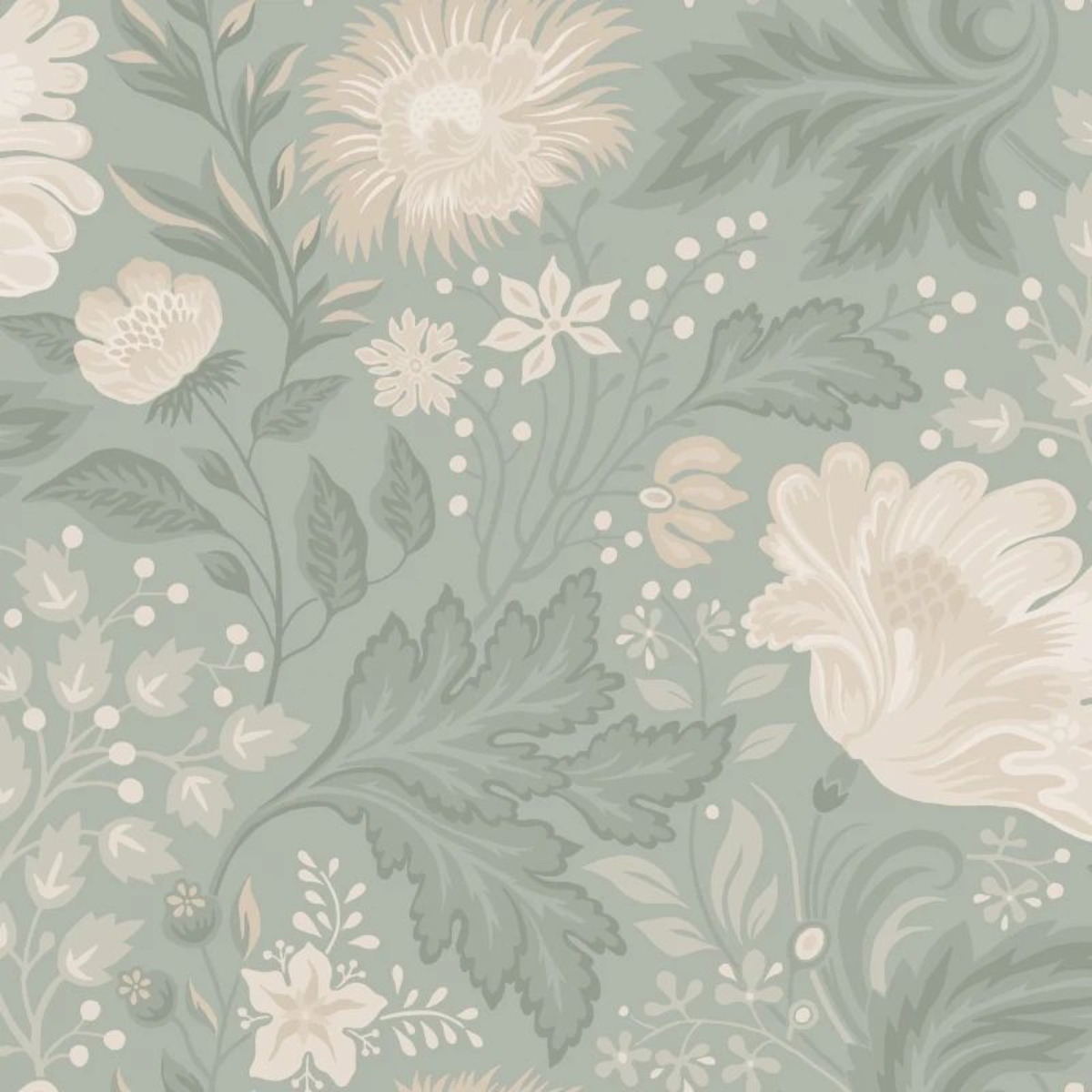 Sage green wallpaper with beige and white floral pattern, suitable for interior walls, seamless design.