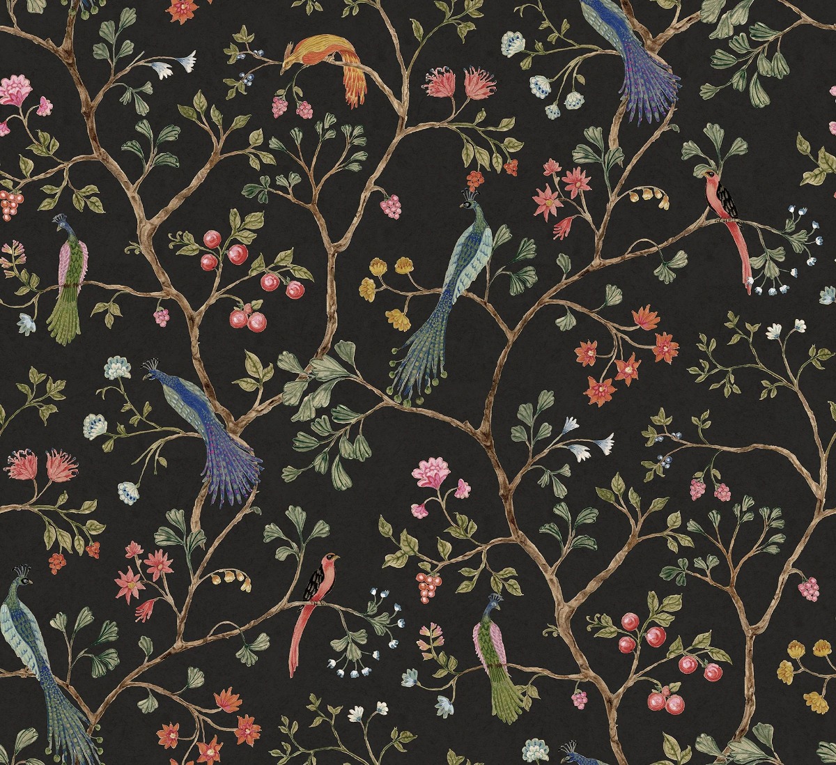 Decorative wallpaper with a dark background, featuring colorful birds, flowers, and branches, ideal for interior wall decorat