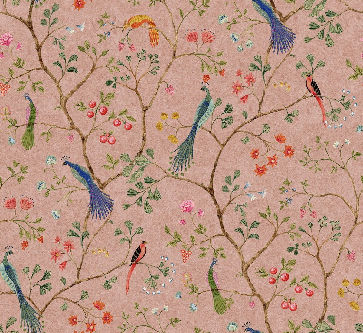 Wallpaper with colorful songbirds and floral branches on a soft pink textured background for wall decoration