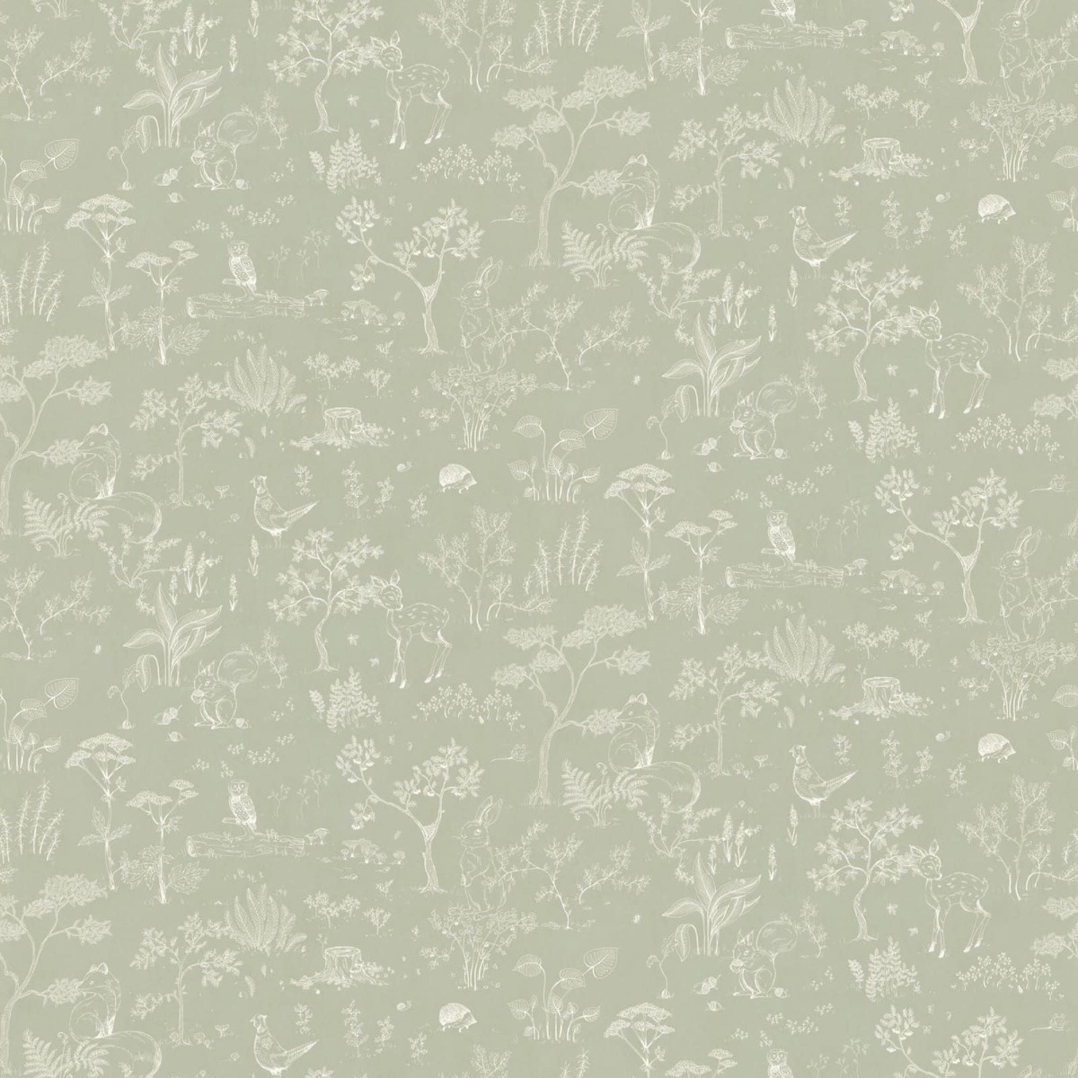 pistachio green wallpaper with white woodland animals and plants in a repeating pattern