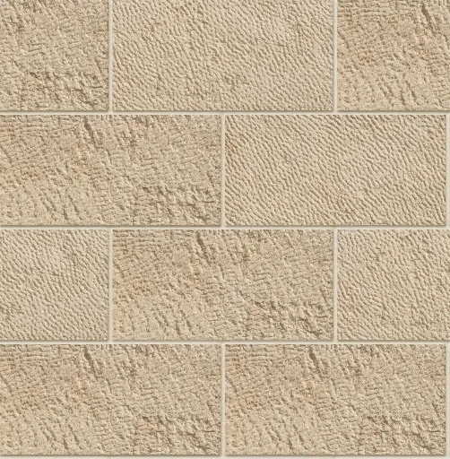 beige rectangular stone tiles with rough textured surface arranged in staggered pattern for wall use