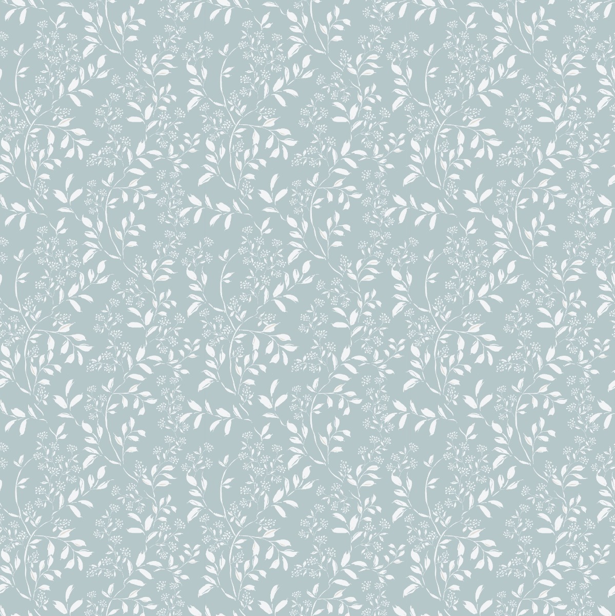 Seamless wallpaper with swirling botanical floral pattern in blue and white, suitable for wall decoration.