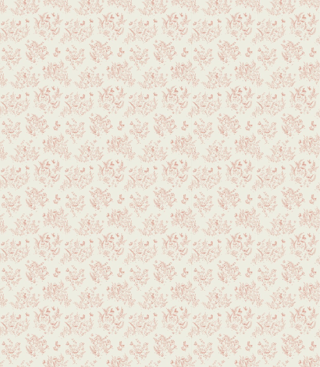red floral toile pattern on cream background wallpaper with vintage botanical illustrations