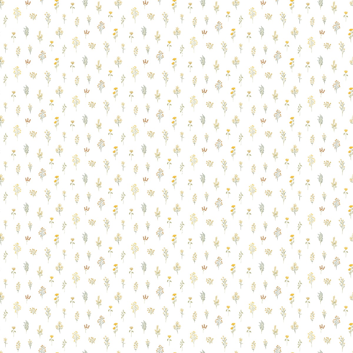 Seamless wallpaper with small yellow, green, and brown wildflowers on a white background, ideal for interior decoration.