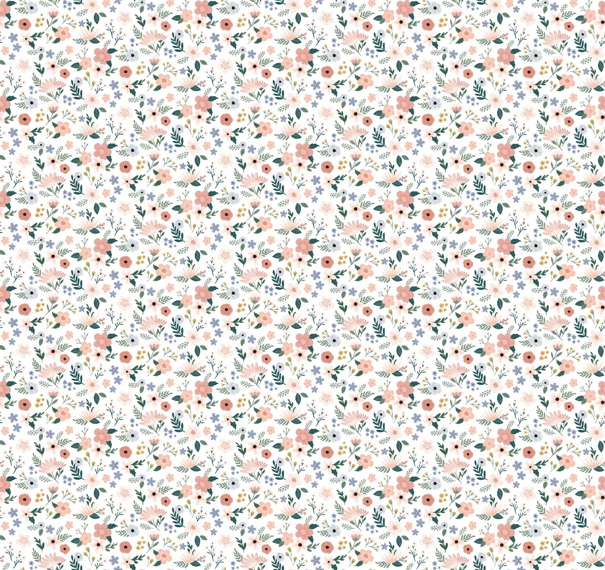 Seamless floral wallpaper with pink, blue, and green flowers on a white background, ideal for interior walls.