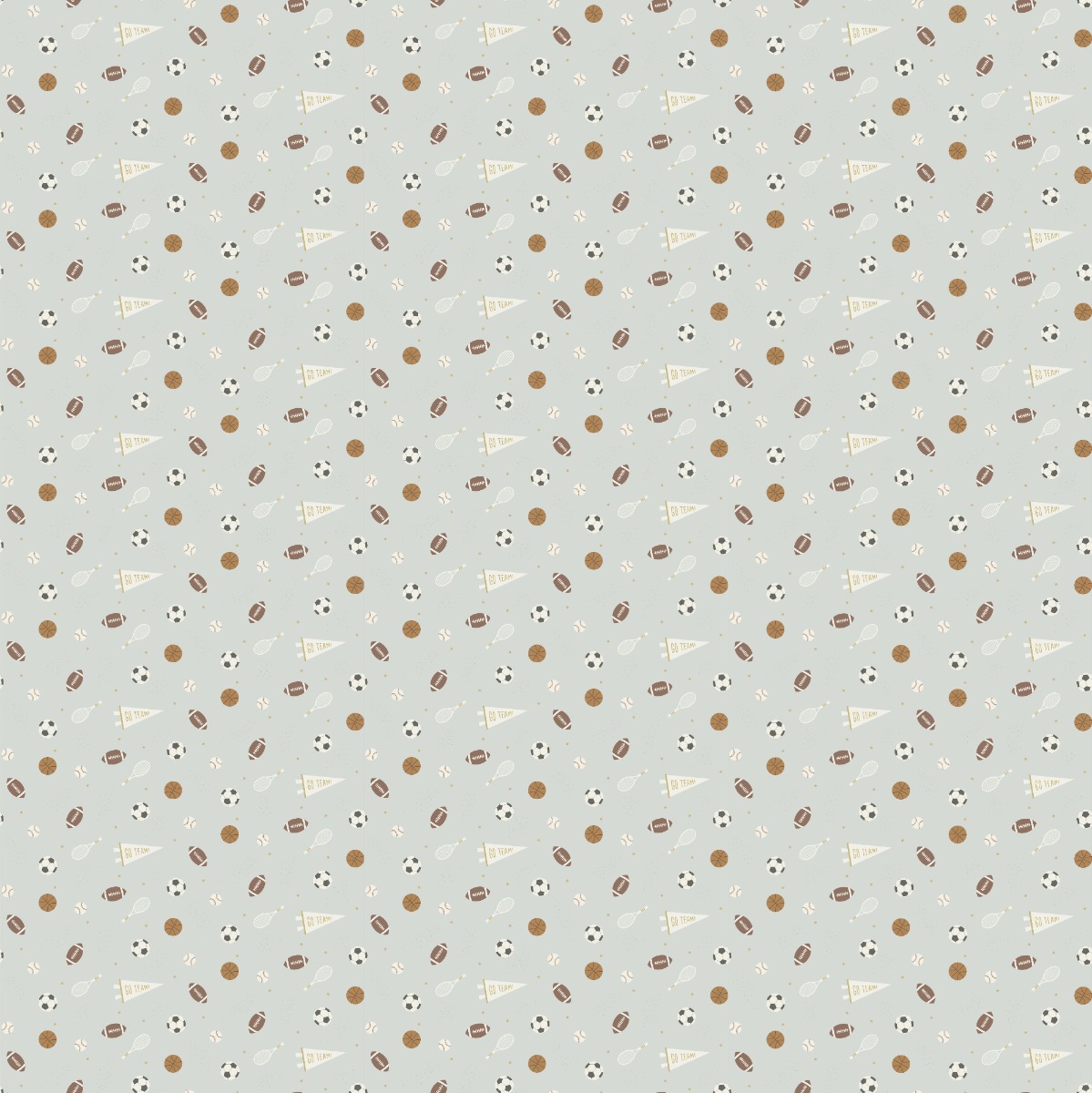 Wallpaper with sports-themed illustrations like soccer balls, basketballs, and tennis rackets on a light background, suitable