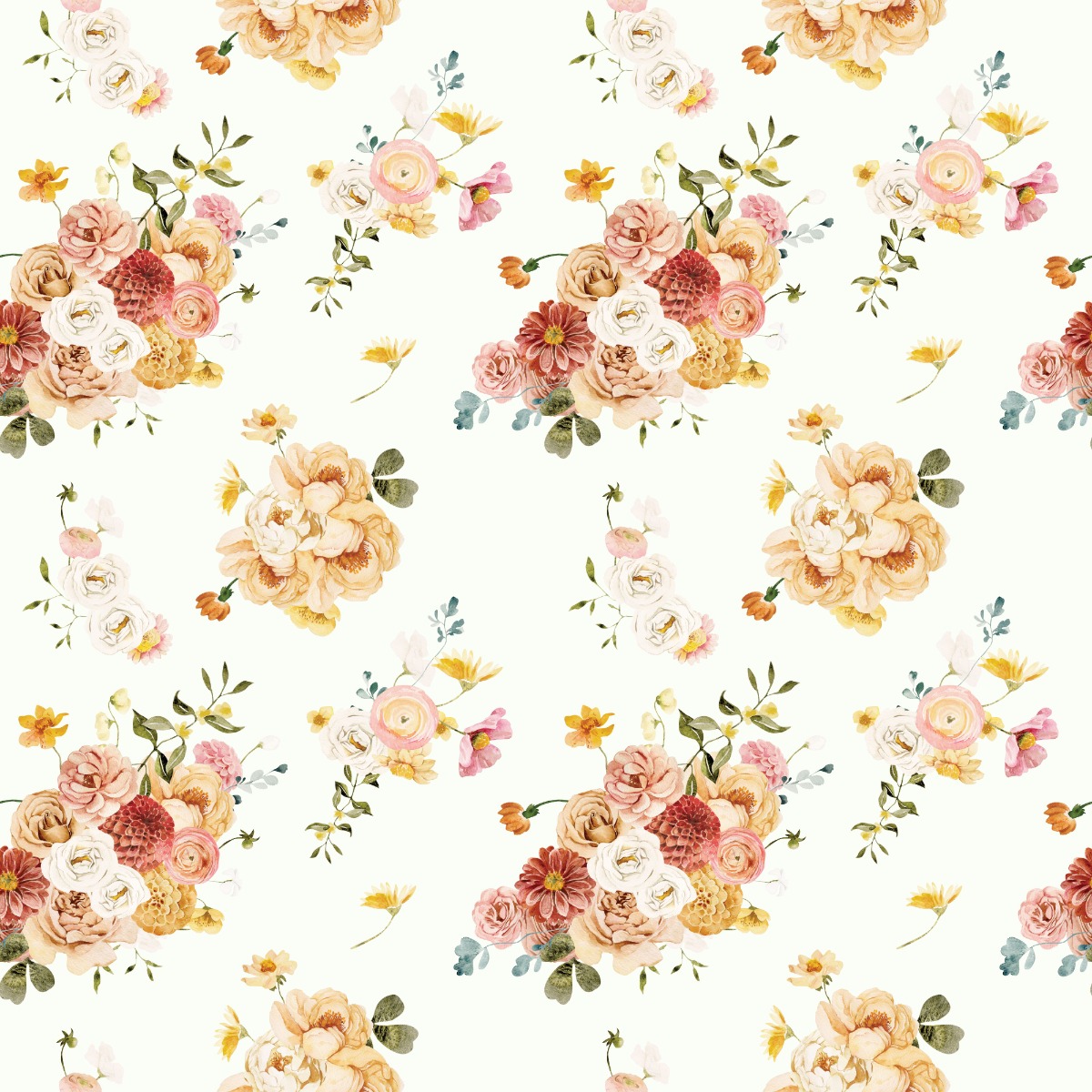 Seamless vintage floral wallpaper with pastel pink, peach, and white flowers on a light background, suitable for interior dec