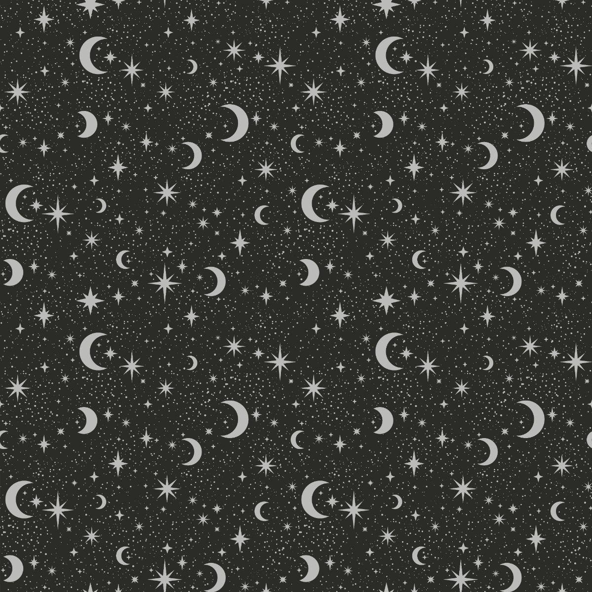 black wallpaper with repeating grey crescent moons and star patterns in a seamless tile